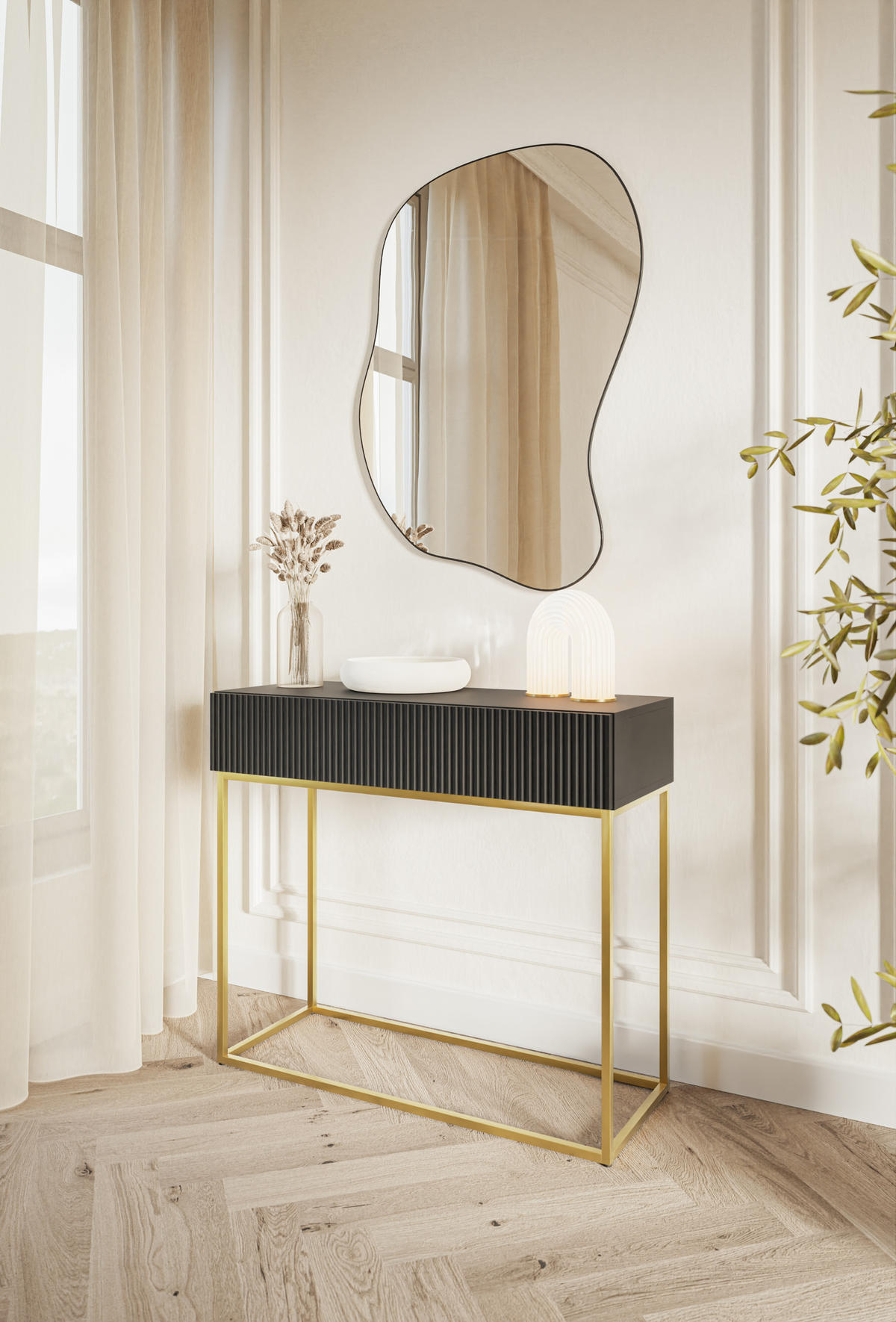 KONSOLENTISCH Veldio Schwarz mit goldenen Beinen 90 cm - Goldfarben/Schwarz, Holzwerkstoff/Metall (35.6/90/79cm) - Selsey