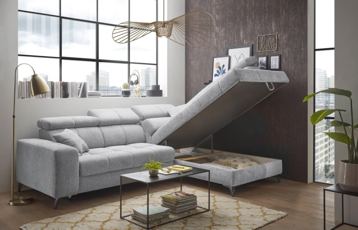 ECKSOFA mit Schlaffunktion und Bettkasten, Luxus-Mikrofaser - Hellgrau/Schwarz, Textil/Metall (198/282cm) - ed exciting design