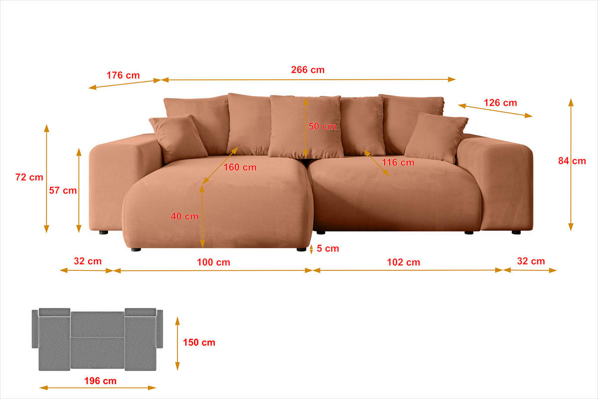 ECKSOFA Ottomane rechts ESKAR-L 266x176x84 Koralle Velours - Koralle/Schwarz, Holzwerkstoff/Kunststoff (176/266cm) - ALTDECOR