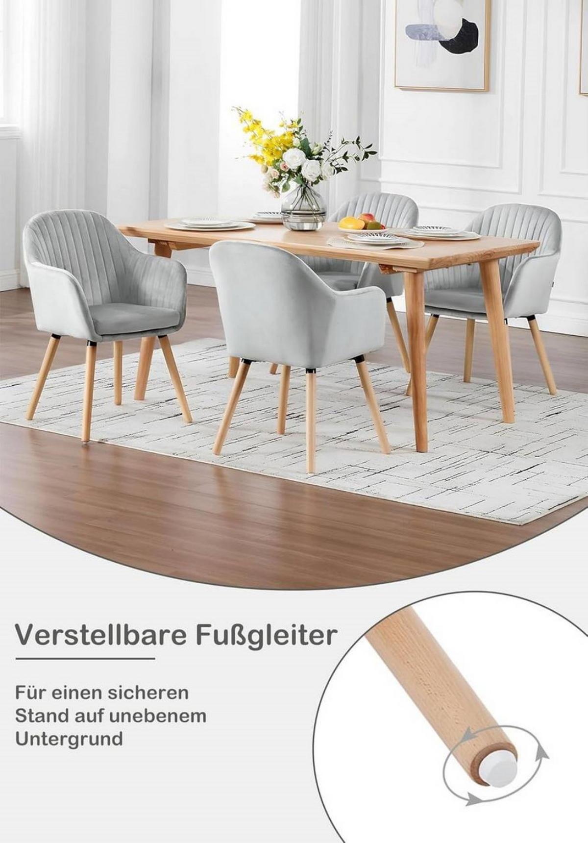 ESSZIMMERSTUHL 2er-Set, Samt, Massivholz, Hellgrau - Hellgrau/Naturfarben, Holz/Textil (42/81/50cm) - Woltu