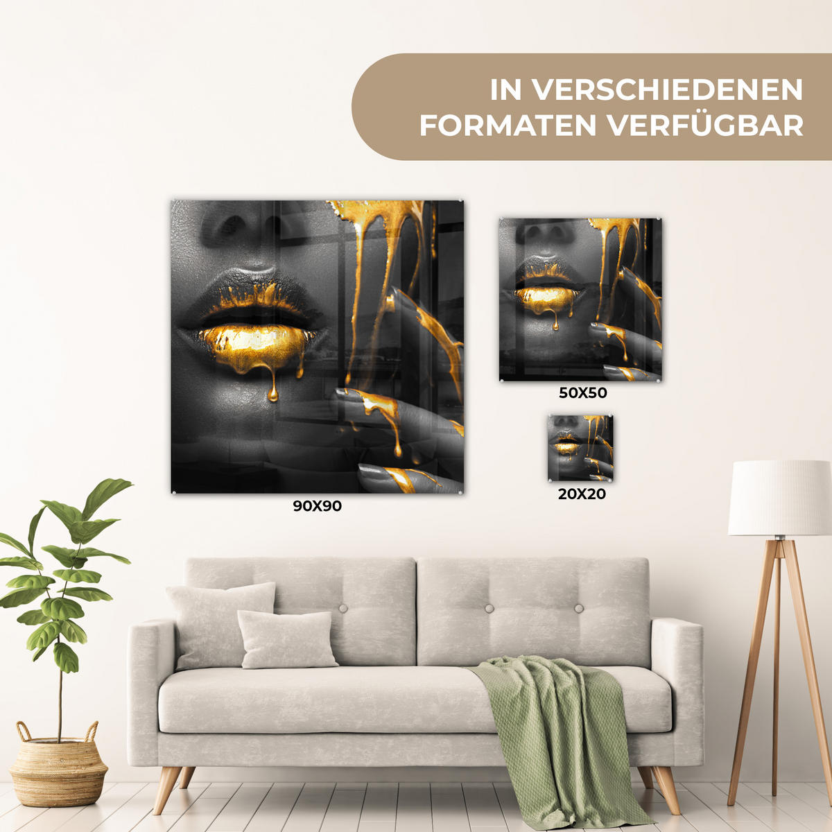 ACRYLGLASBILD Frau - Schwarz - Gold - Gesicht - Lippen 50x50 cm - Goldfarben, Glas (50/50cm) - MuchoWow