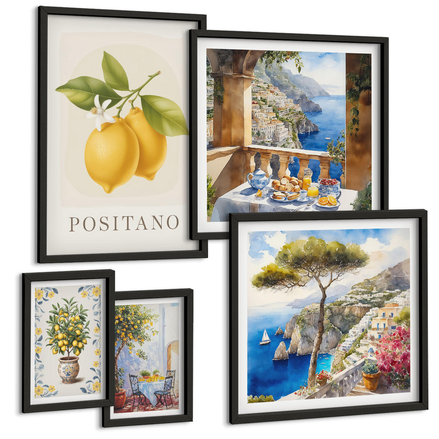 BILDER SET 5er Set - 50x50 cm & 20x30 cm & 40x60 cm Schwarzer Rahmen - Charmante Straßen mit Pflanzen - Schwarz, Kunststoff (40/60cm) - TULUP