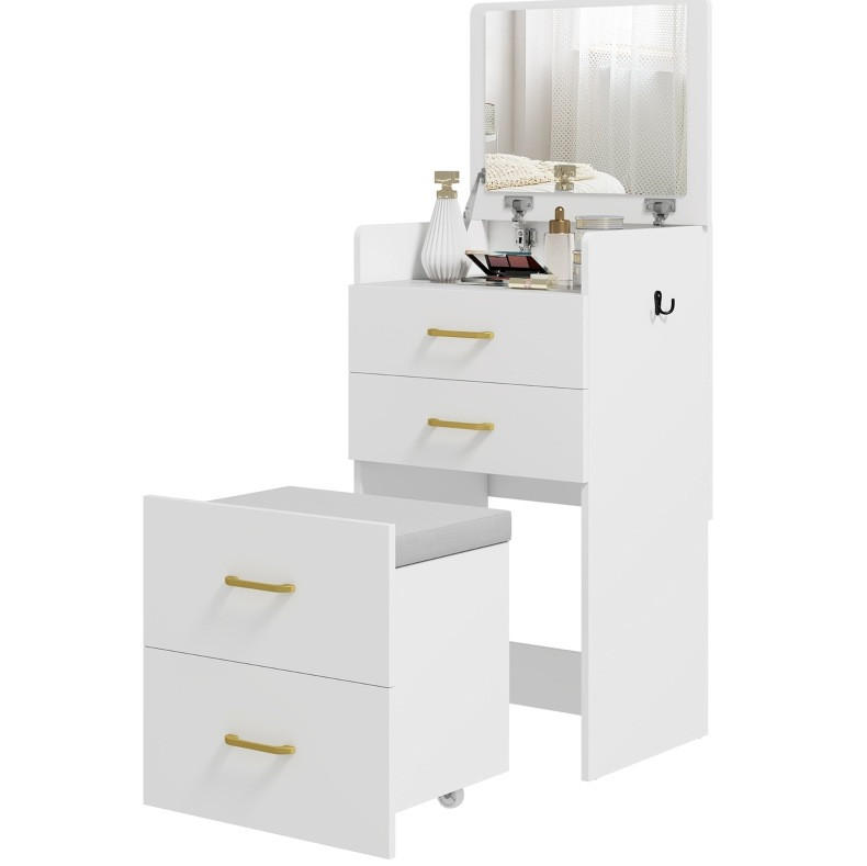 SCHMINKTISCH 48/40/90 cm 3-in-1 mit Spiegel, Schubladen und Rollhocker aus Holz, Weiß - Weiß, Holzwerkstoff (48/90/40cm) - Redom