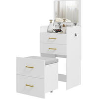 SCHMINKTISCH 48/40/90 cm 3-in-1 mit Spiegel, Schubladen und Rollhocker aus Holz, Weiß - Weiß, Holzwerkstoff (48/90/40cm) - Redom
