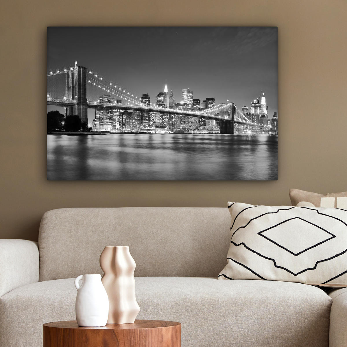 LEINWANDBILD - New York - Brücke - Brooklyn - Schwarz und weiß - Architektur - 90x60 - Deko Wohnzimmer - Schwarz, Textil (90/60cm) - MuchoWow