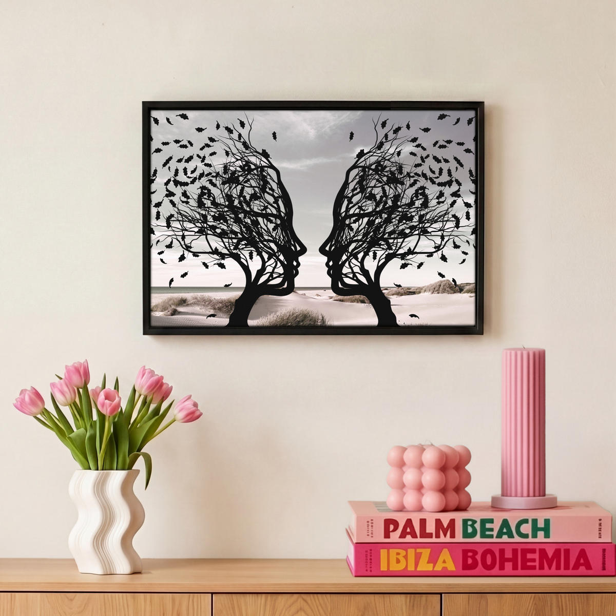 LEINWAND Bilder mit Rahmen - Strand - Meer - Menschen - Baum - Moderne Kunst - 30x20 - Hellgrau, Textil (30/20cm) - MuchoWow