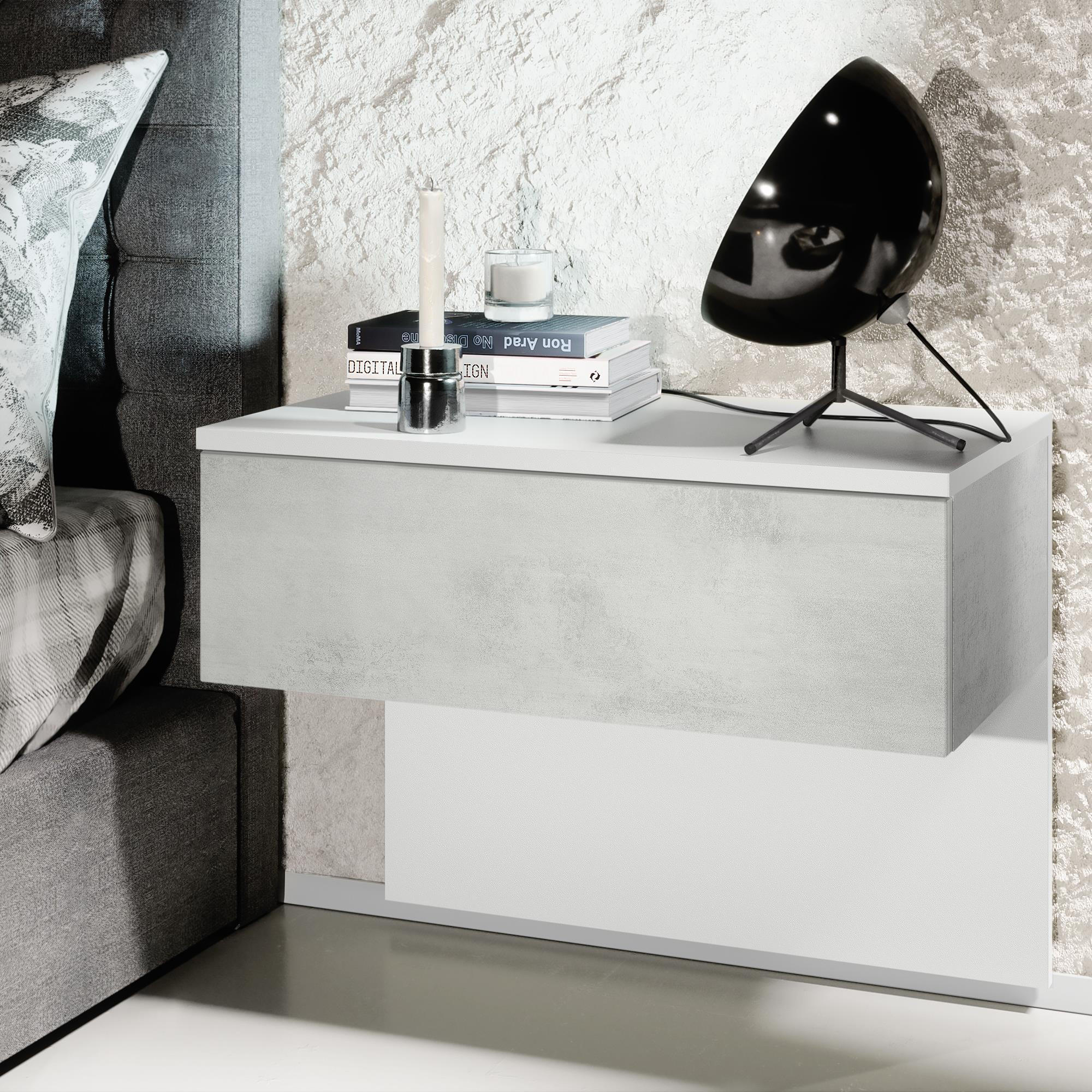 NACHTTISCH Sleep Fronten in Beton Oxid Optik - Hellgrau, Holzwerkstoff (60/46/35cm) - Vladon