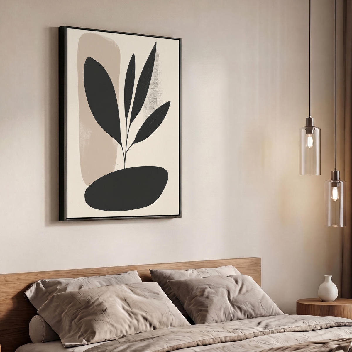 LEINWAND Bilder mit Rahmen - Pflanze - Beige - Japanisch - 70x100 - Schwarz, Textil (70/100cm) - MuchoWow