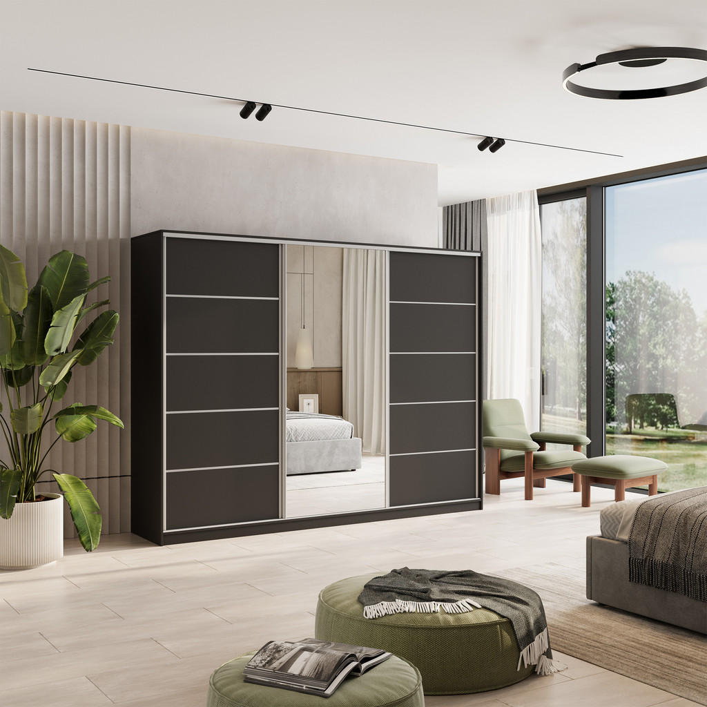 Thumbnail - Masseno Schwebetürenschrank, Schwarz, Silber, Holzwerkstoff, 9 Fächer, 4 Schubladen, Rechteckig, 250x205x58 cm, Schlafzi...