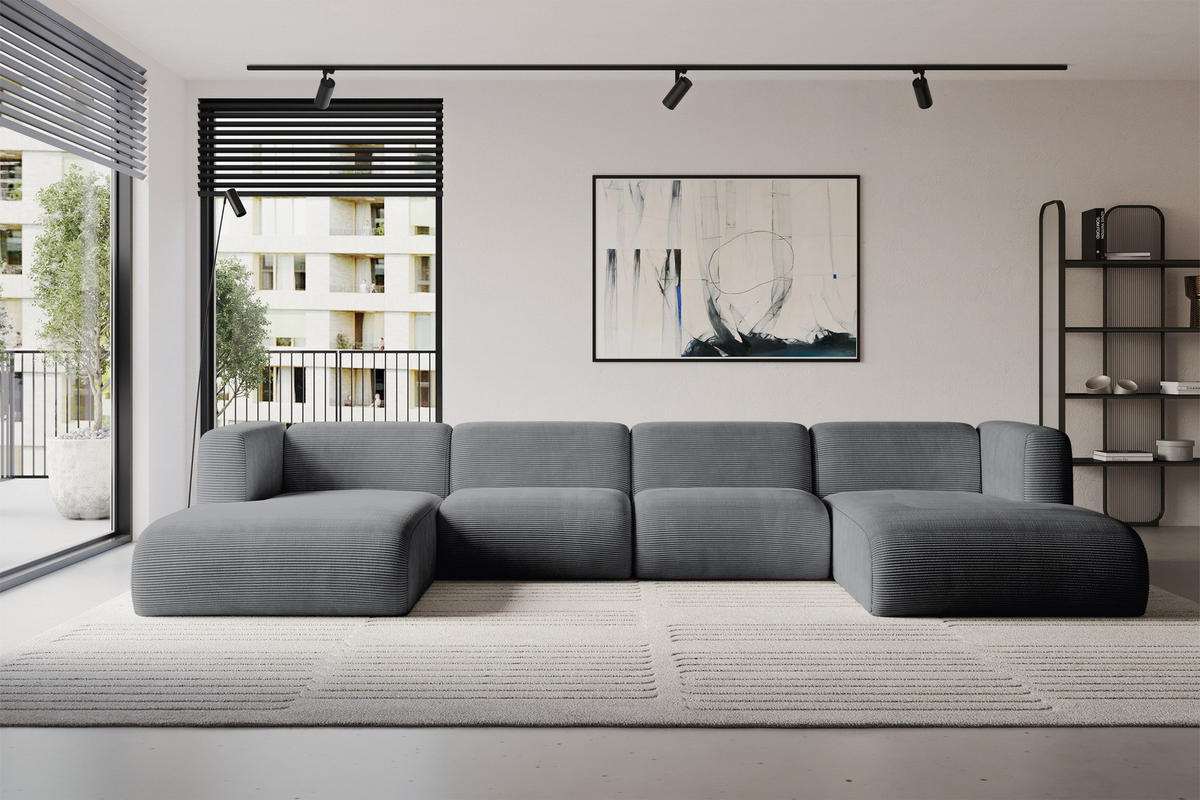 WOHNLANDSCHAFT MIRA-U2 408x179x70 Dunkelgrau Cord - Dunkelgrau/Schwarz, Holzwerkstoff/Kunststoff (408/70/179cm) - ALTDECOR