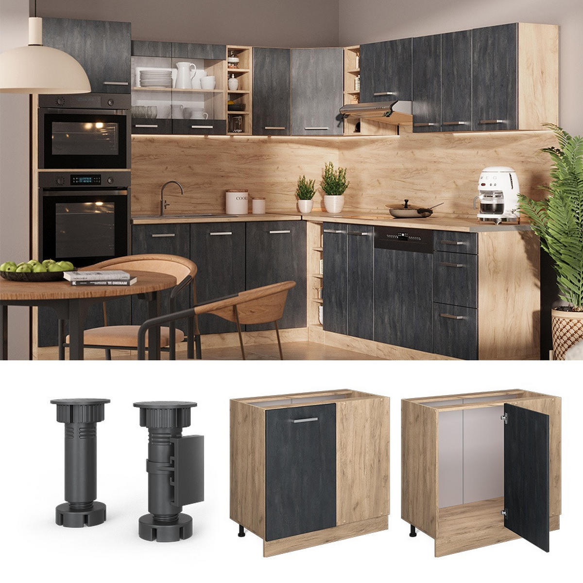 ECKUNTERSCHRANK R-Line Schwarz Beton 86 cm , AP Anthrazit - Honigeiche/Schwarz, Holzwerkstoff (86/81.6/60cm) - Vicco