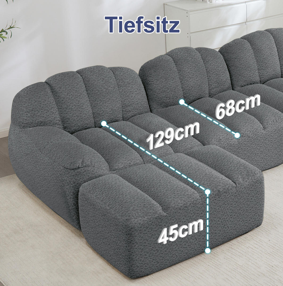 SOFA 210/165/79 cm in Grau mit Ottoman und weichem Fleecebezug - Grau, Textil (165/79/210cm) - Flora Grace