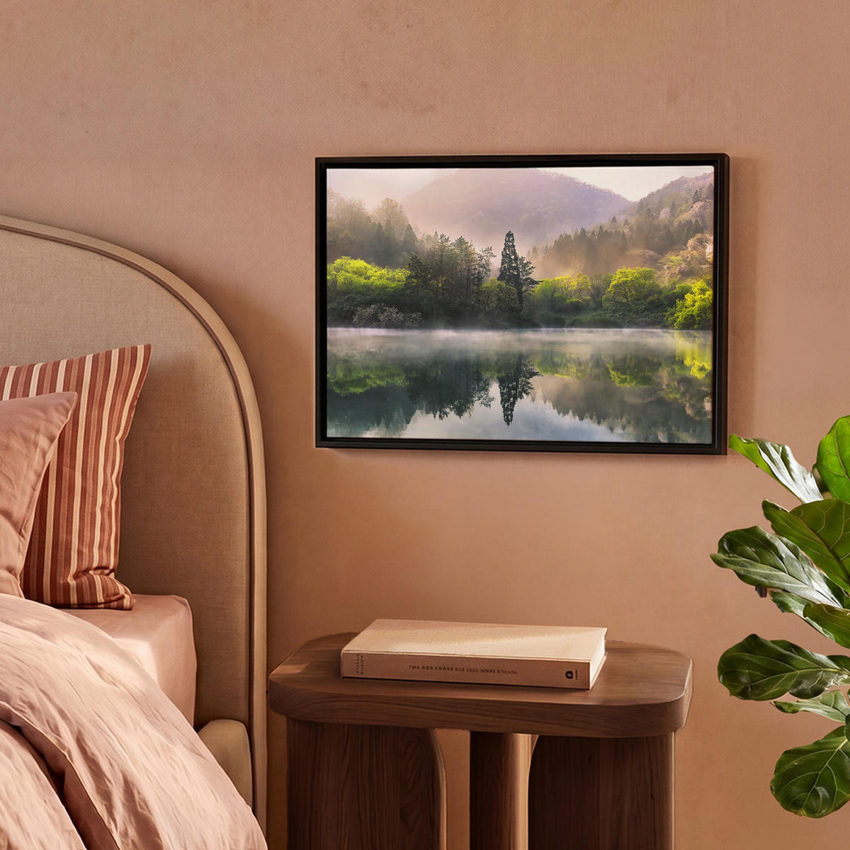 LEINWAND Bilder mit Rahmen - Natur - Bäume - Berge - See - Wasser - 40x30 - Hellgrün, Textil (40/30cm) - MuchoWow