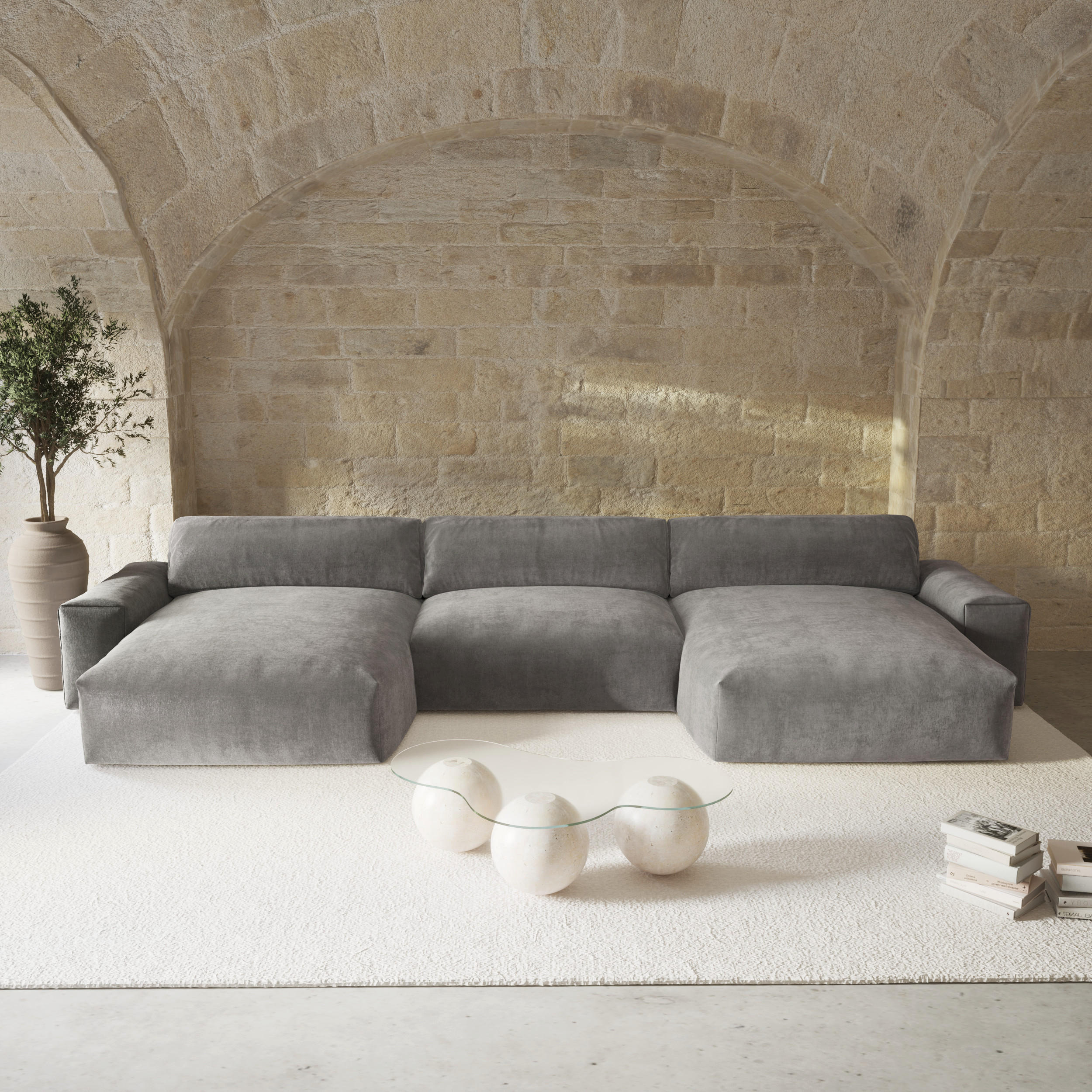 WOHNLANDSCHAFT Samt Graphitgrau 420cm - Graphitfarben/Grau, Textil (420/75/174cm) - Sia Home