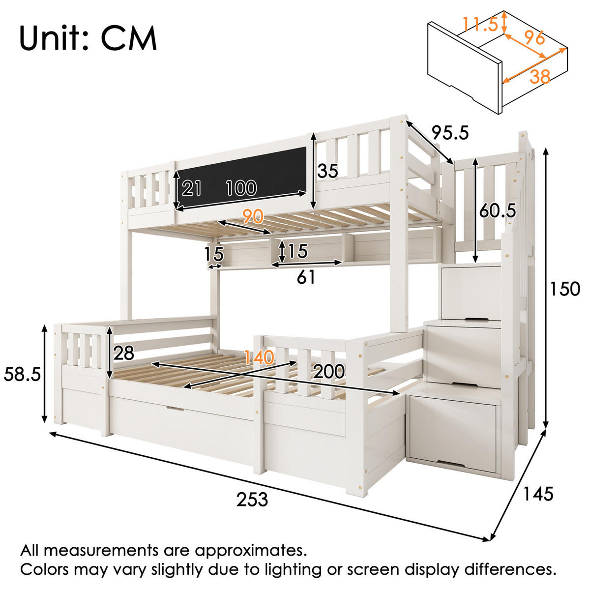 ETAGENBETT 90/200 & 140/200 cm mit Kreidetafel, Leiterschrank und Schubladen aus Massivholz, Weiß - Weiß, Holzwerkstoff (90/200cm) - Redom