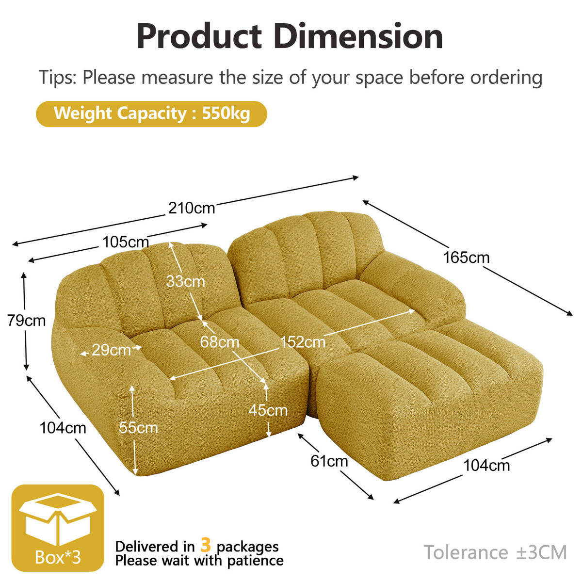 ECKSOFA 210/165/79 cm gelb aus granuliertem Fleece modular ohne Montage - Gelb, Textil (165/210cm) - OKWISH