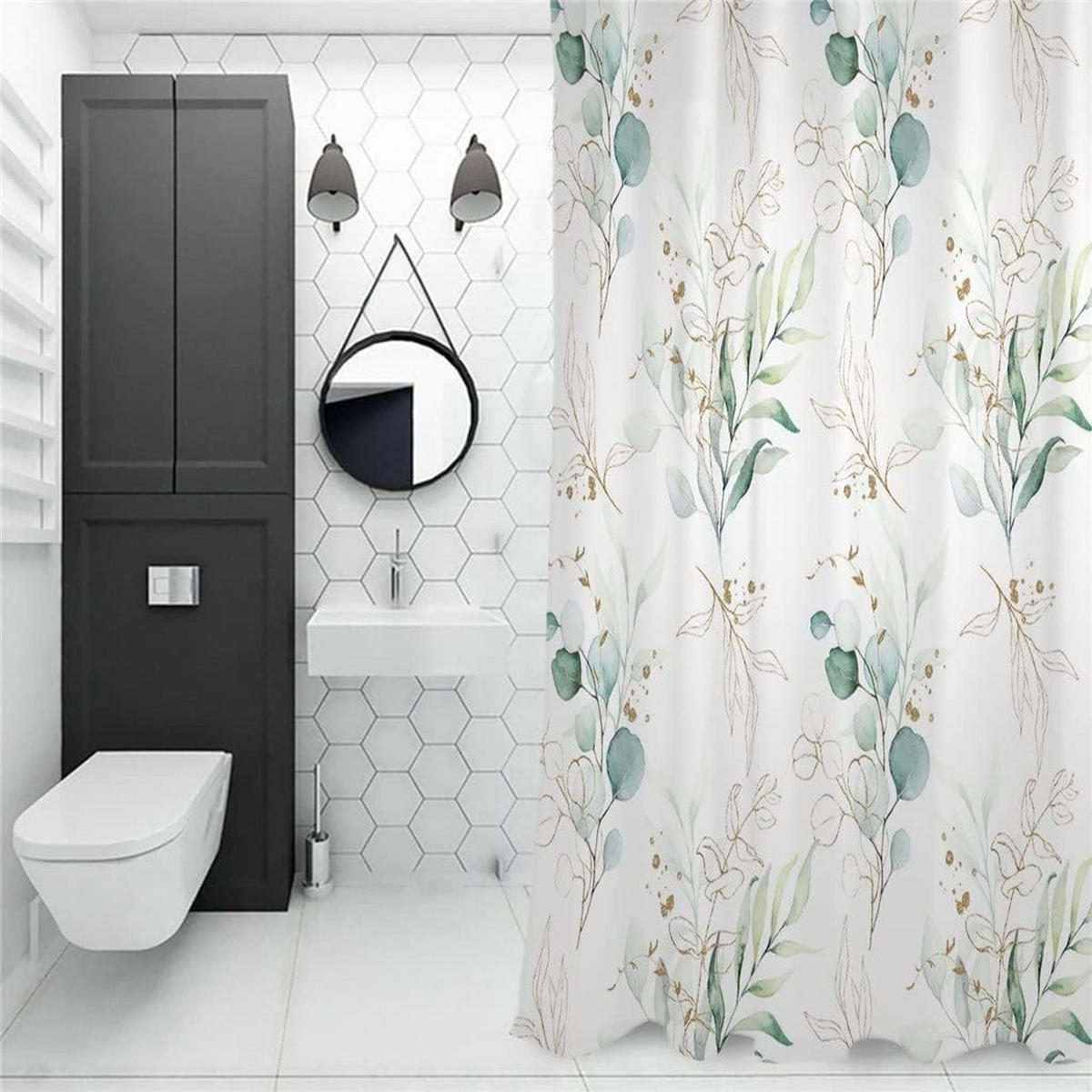 DUSCHVORHANG 150 x 180 cm Blätter bedruckt wasserdicht dekorativ mit Haken für Badewanne und Tür - Multicolor, Textil (150/180cm) - MCBOSON