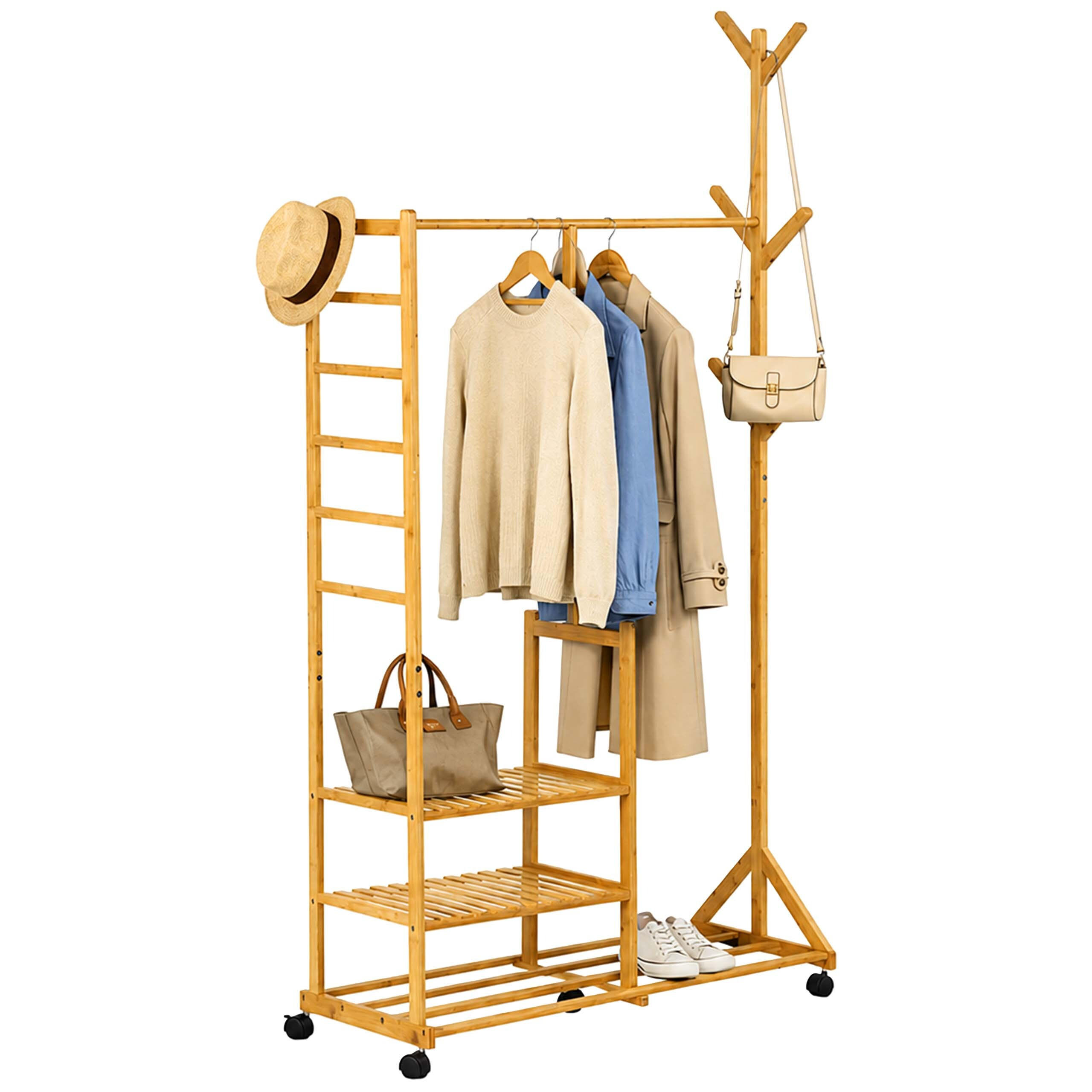 KLEIDERSTÄNDER Natur Bambus mit Rollen 6 Haken 4 Ablagen 176 cm - Hellbraun, Holz/Kunststoff (100/176/38cm) - Relaxdays