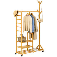 KLEIDERSTÄNDER Natur Bambus mit Rollen 6 Haken 4 Ablagen 176 cm - Hellbraun, Holz/Kunststoff (100/176/38cm) - Relaxdays