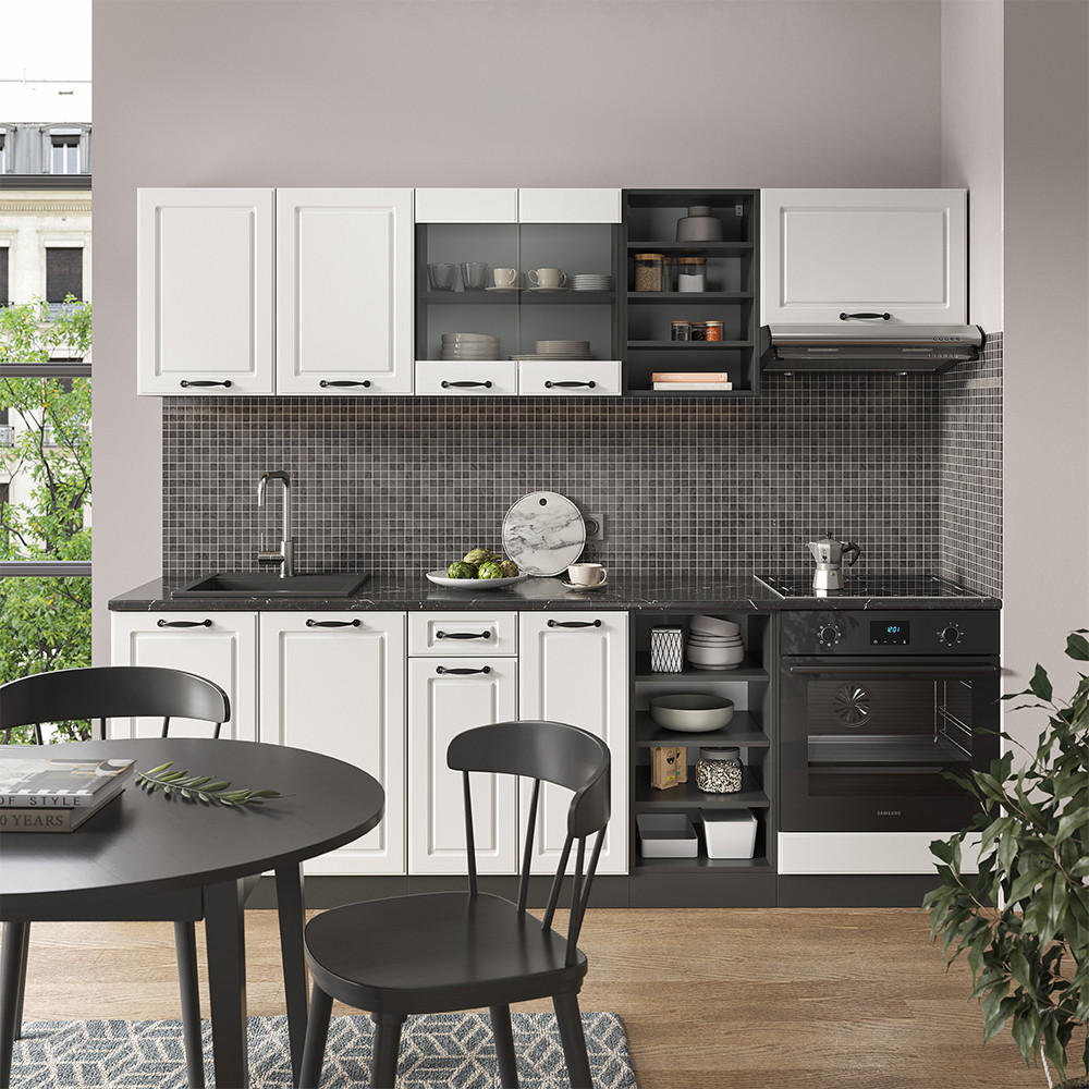 KÜCHENZEILE R-Line Weiß Landhaus/Anthrazit 240 cm ohne AP - Anthrazit/Weiß, Holzwerkstoff (240/81.6/46cm) - Vicco