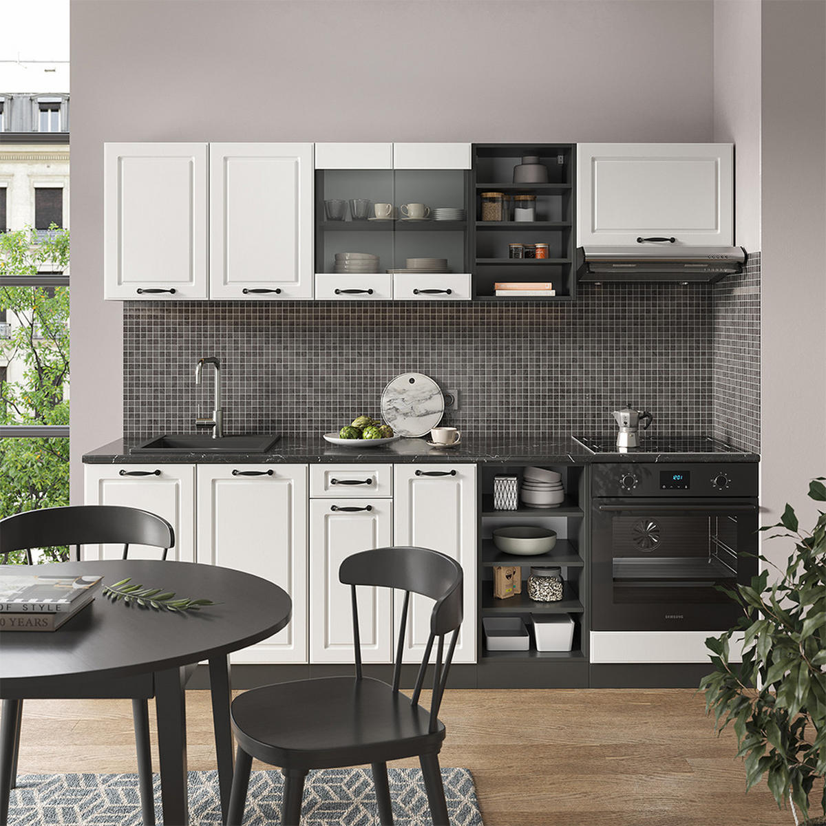 KÜCHENZEILE R-Line Weiß Landhaus/Anthrazit 240 cm, AP Eiche - Anthrazit/Creme, Holzwerkstoff (240/81.6/60cm) - Vicco