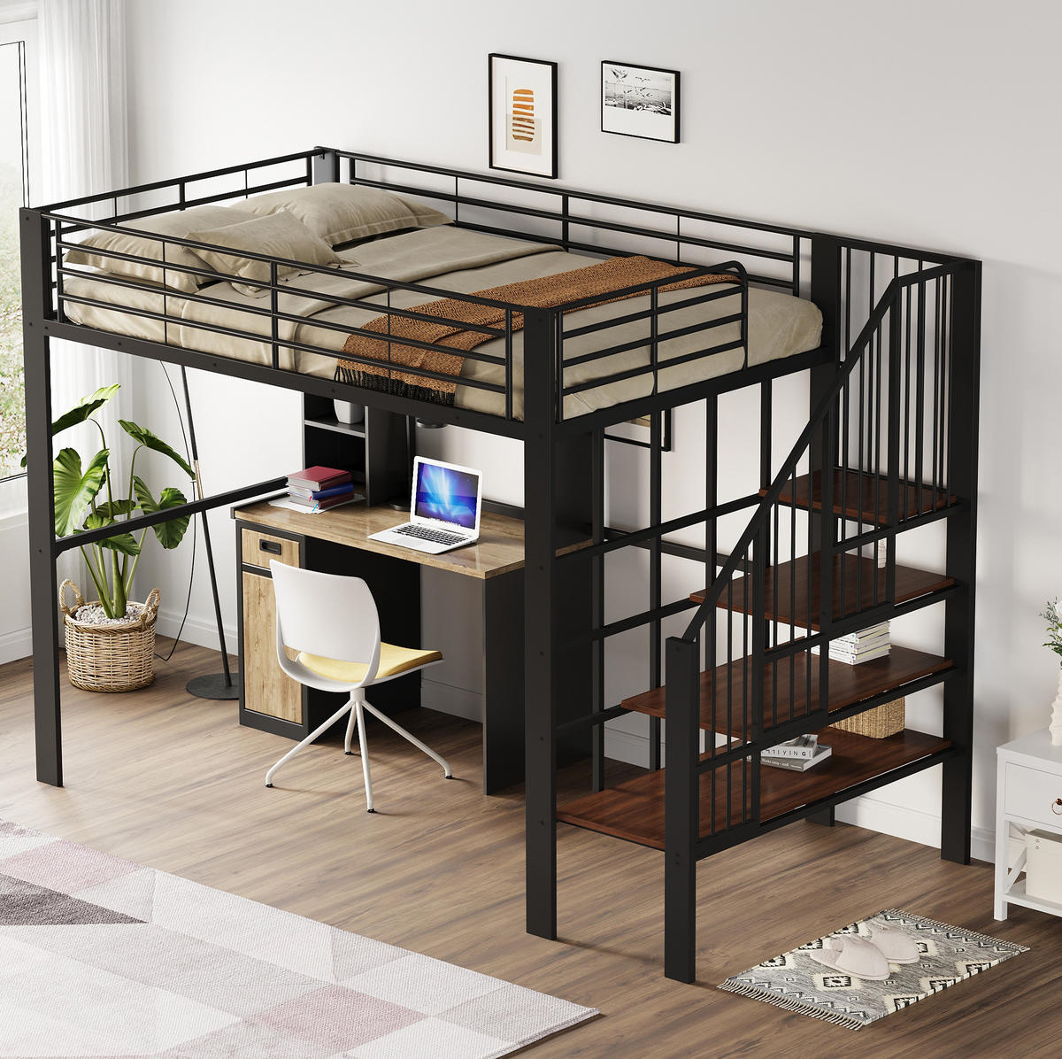 HOCHBETT 140/200 cm aus Metall in Schwarz – mit Treppe und Stauraum - Schwarz, Metall (140/200cm) - BEAOK