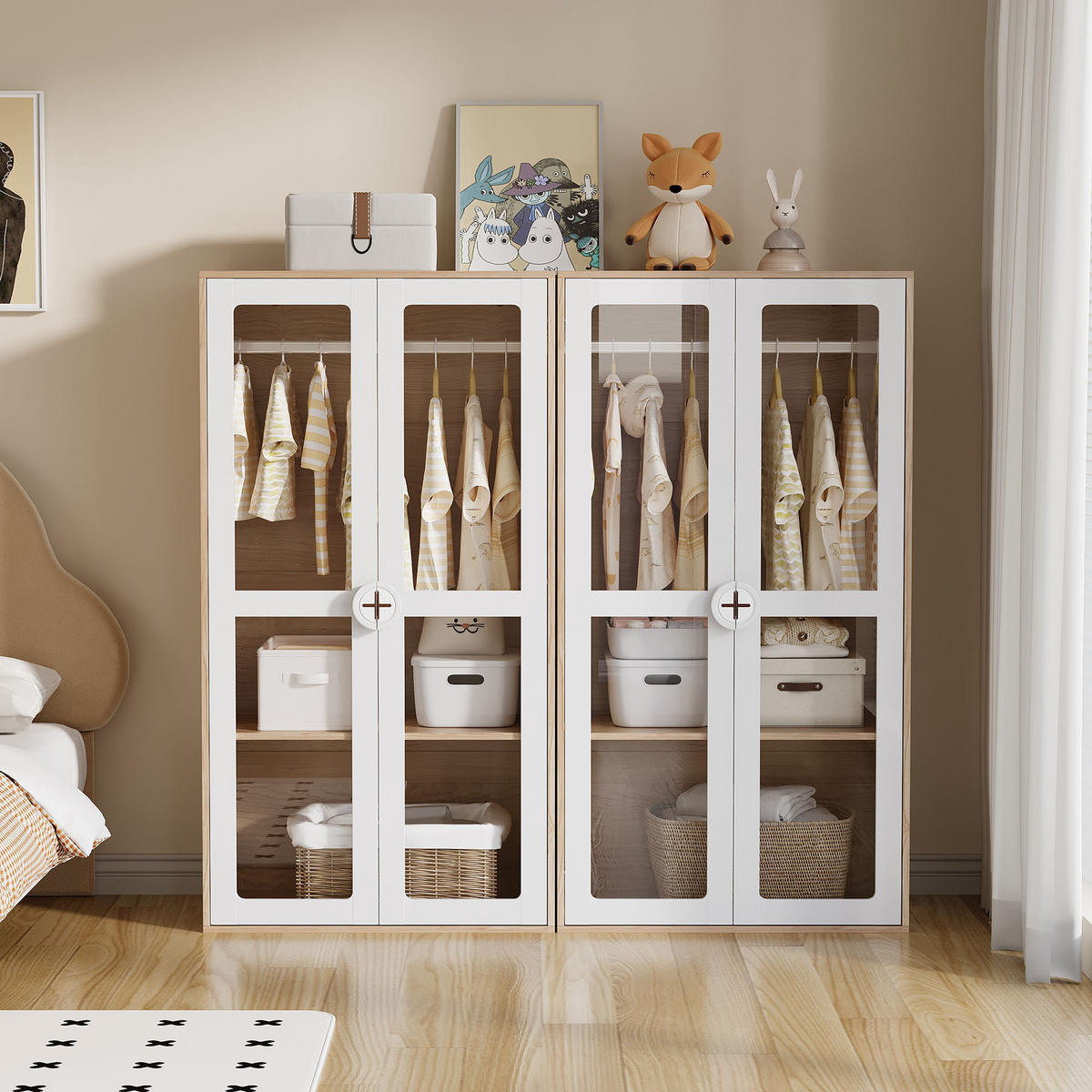 KINDERREGAL in Weiß und Naturfarben Kinderkleiderschrank mit Bügelstange für Schlafzimmer, B80/T50/H150cm - Weiß, Holzwerkstoff/Kunststoff (80/150/50cm) - STILVORA
