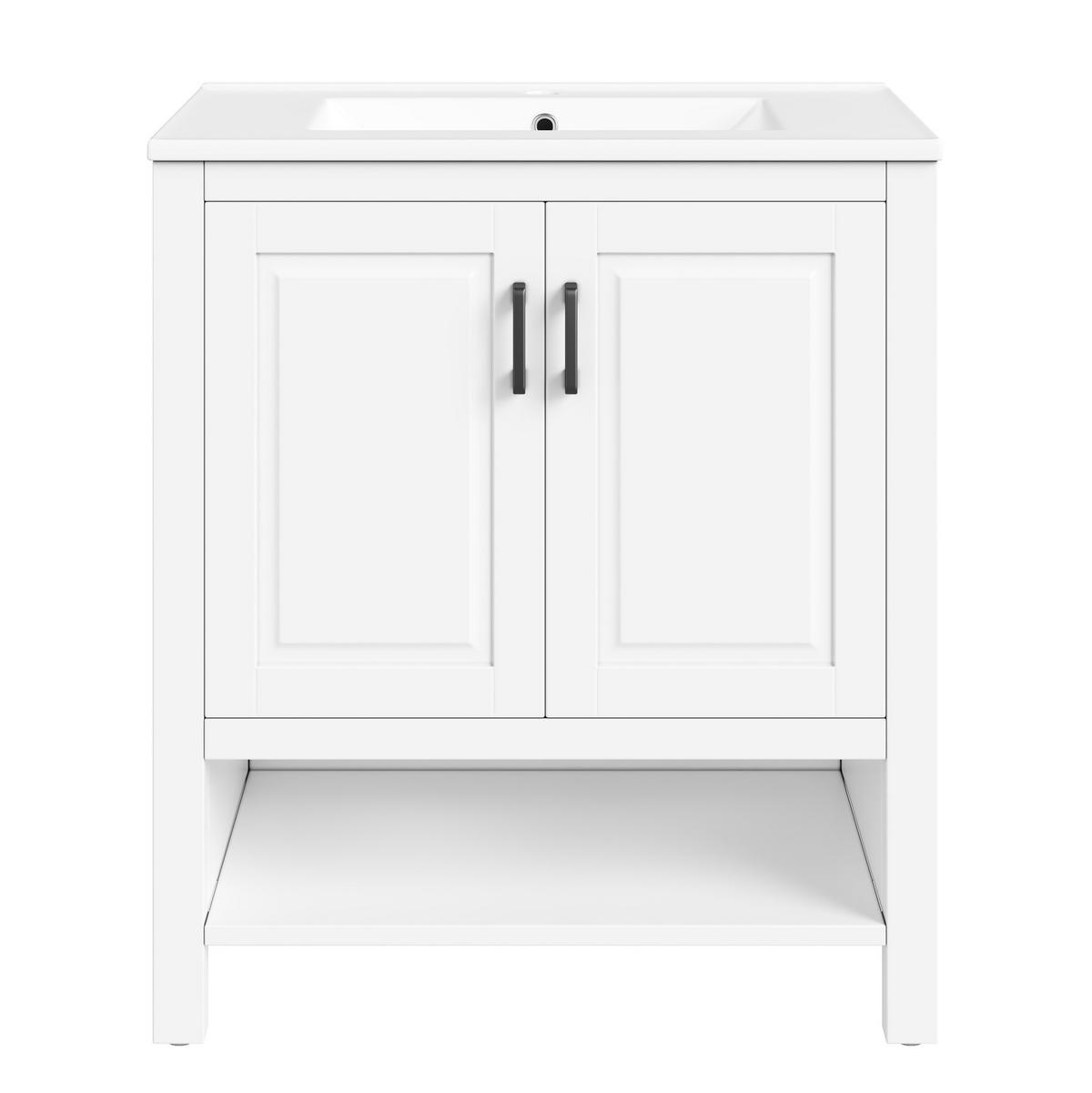 FREISTEHENDER Badezimmerwaschtisch aus MDF und Keramik 76,5x47x83 cm Weiß mit Doppeltür und offenem Stauraum - Weiß, Keramik (76.5/83/47cm) - Modfu