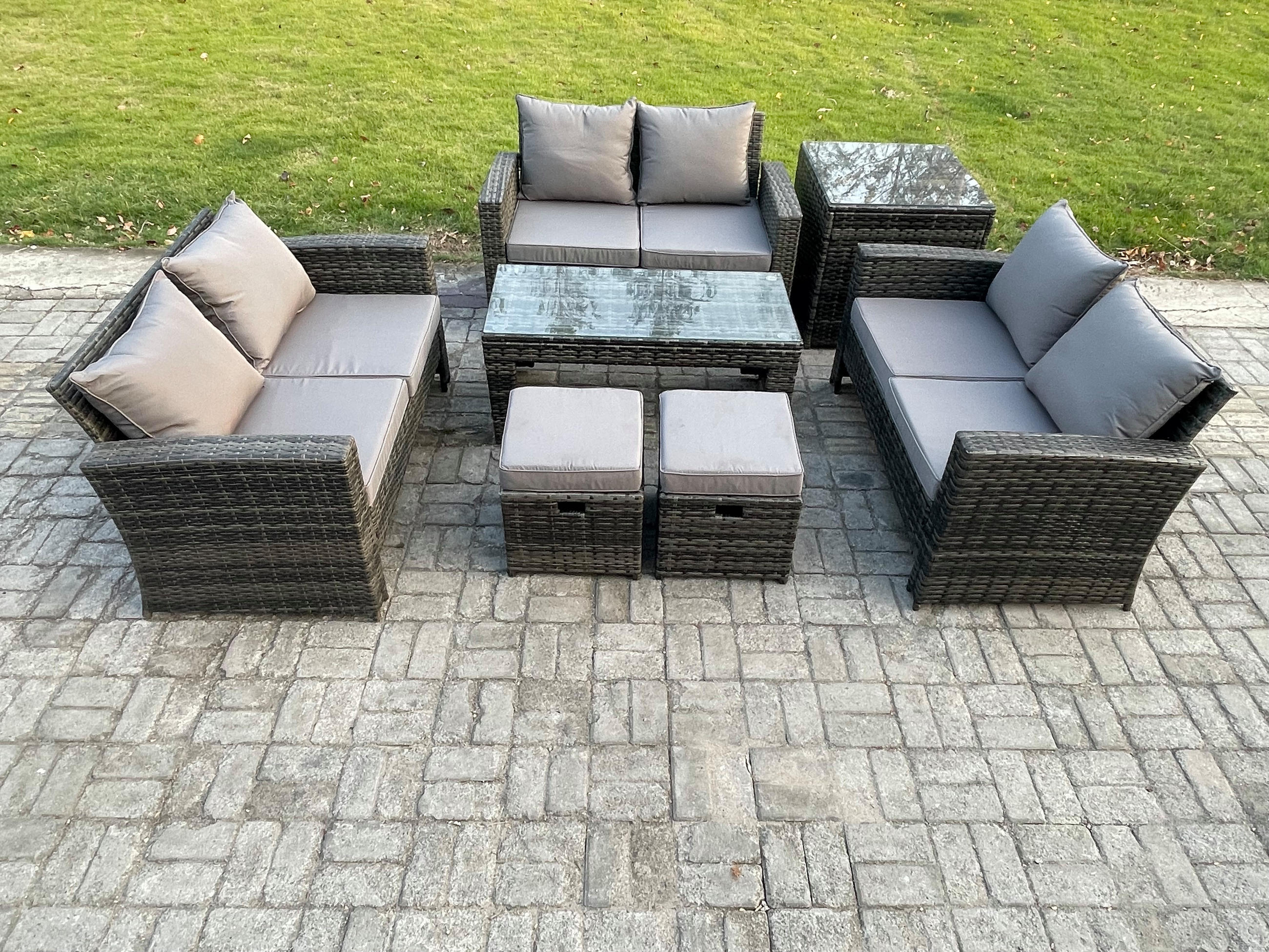 GARTENMÖBEL-SET mit Kissen Polyrattan Dunkelgrau 8-Sitzer - Dunkelgrau, Metall - Fimous