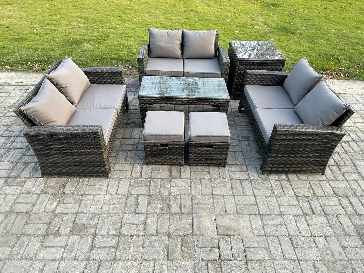 GARTENMÖBEL-SET mit Kissen Polyrattan Dunkelgrau 8-Sitzer - Dunkelgrau, Metall - Fimous