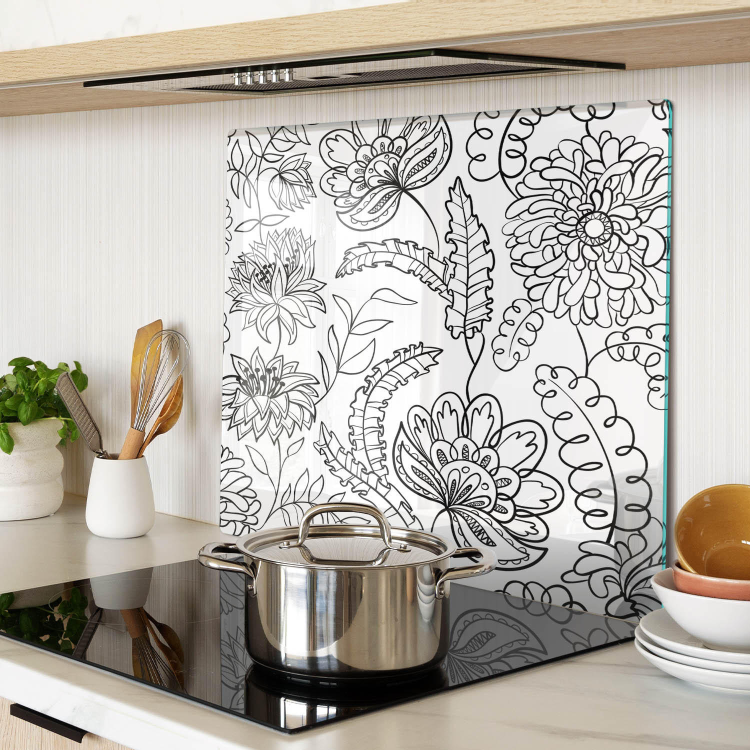 GLASPLATTE 60x52 cm Blumenmuster - Schwarz, Glas (60/0.4/52cm) - TULUP