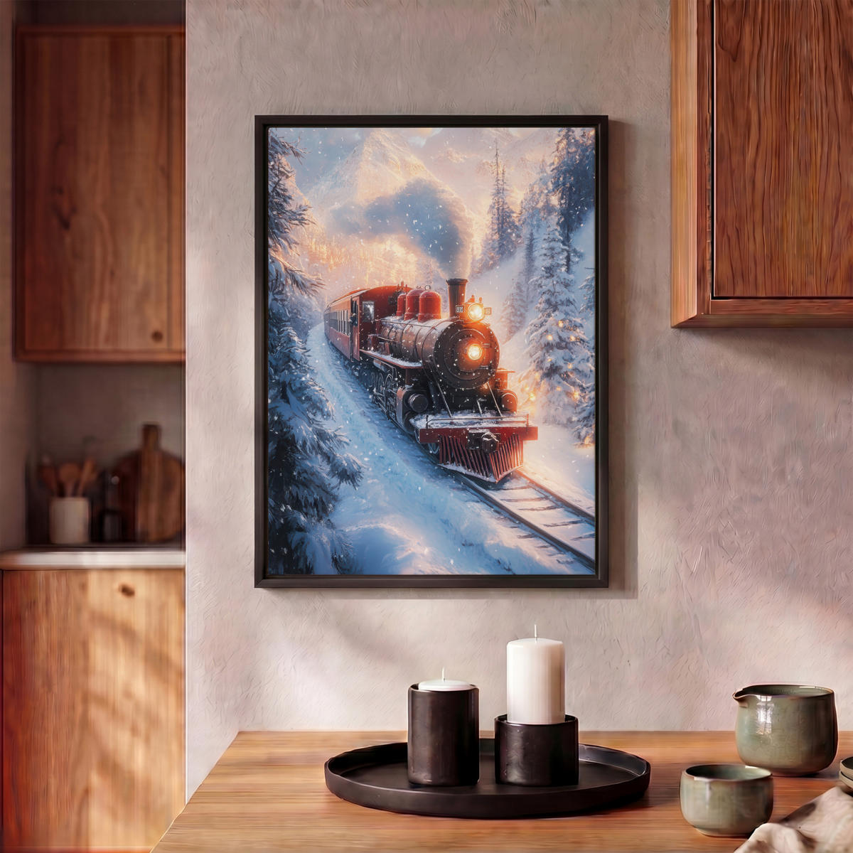 LEINWAND Bilder mit Rahmen - Weihnachtszug - Schnee - Winter - Weihnachten - 30x40 - Dunkelrot, Textil (30/40cm) - MuchoWow