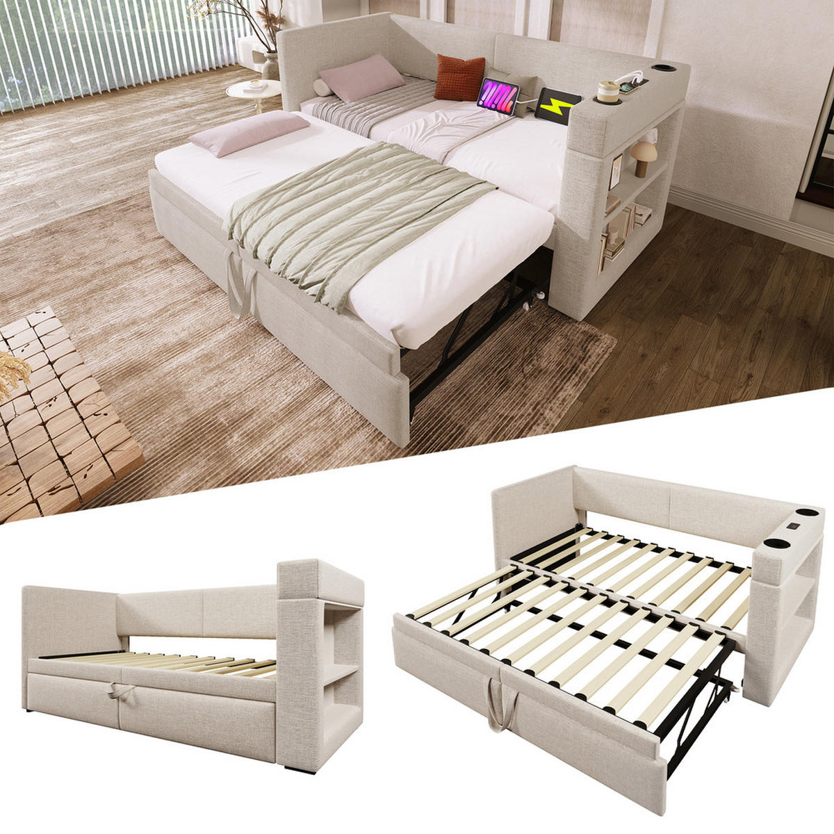 TAGESBETT 90x200cm Einzelbett Schlafsofa Ausziehbett USB-C & Halter Beige - Beige, Holz (90/200cm) - FLIEKS