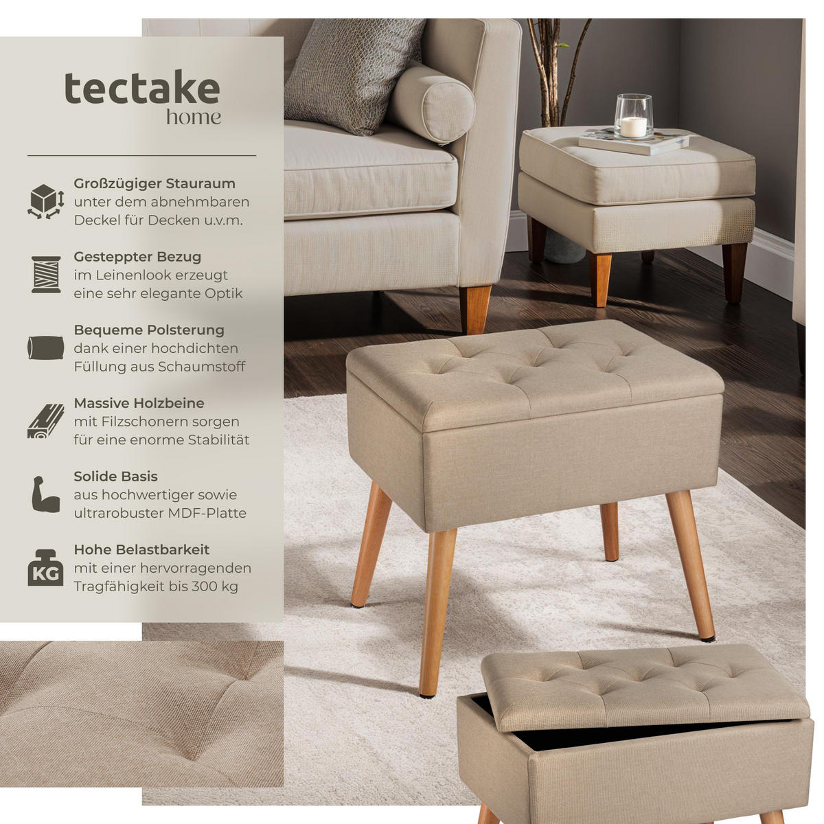 SITZBANK Ranya,51 x 37,5 x 45,5 cm,Sand - Sandfarben, Holz (37.5/45.5/51cm) - tectake