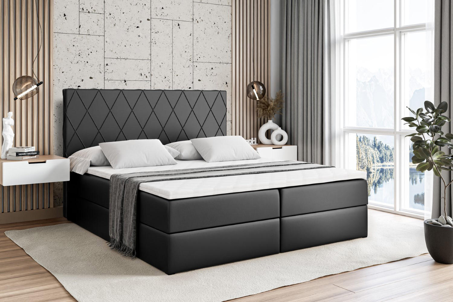 BOXBETT mit H3-Matratze und Lattenrost - LEPARO - 200x200 Schwarz Hochglanz - Schwarz Hochglanz, Holzwerkstoff (200/200cm) - ALTDECOR
