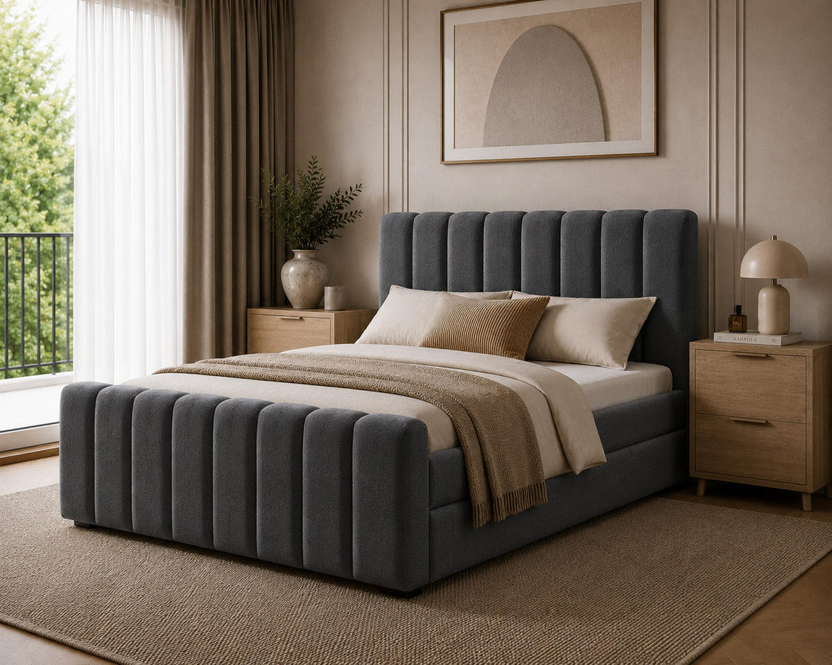 BOXBETT 01 BIS 160 x 200 cm - Vibe - Modernes Polsterbett mit Bettkasten inkl. PU-Schaum-Topper und Federmechanismus - Grau, Holz (160/200cm) - ROYAL24_MARKT