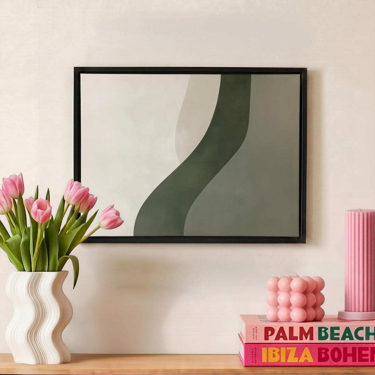 LEINWAND Bilder mit Rahmen - Japandi - Grün - Abstrakt - Modern - 40x30 - Salbeigrün, Textil (40/30cm) - MuchoWow