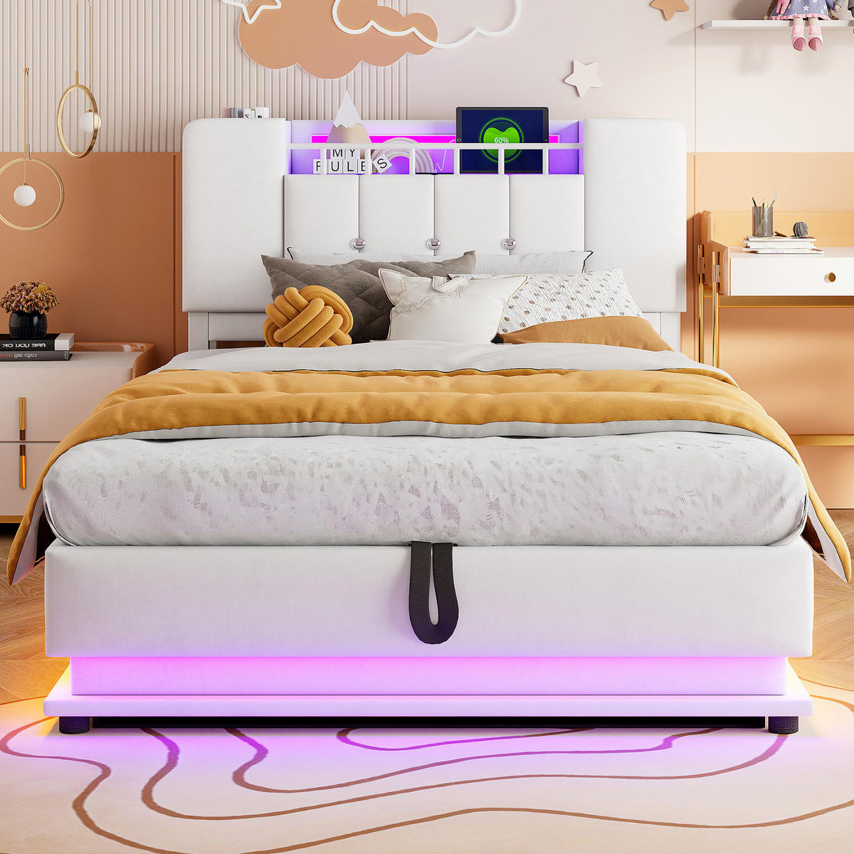 POLSTERBETT 90/200 cm mit LED-Beleuchtung, USB-Anschluss und Bettkasten - Beige, Textil (90/200cm) - BEAOK