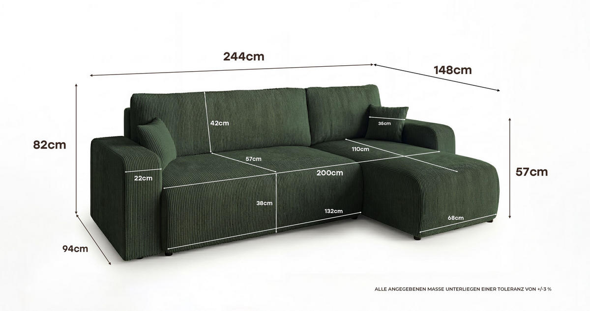 ROHOVÁ pohovka PARIS pravá zelená manšestr Poso 14 - funkce spaní, úložný prostor - zelená barva, textil (255/149cm) - Cornero
