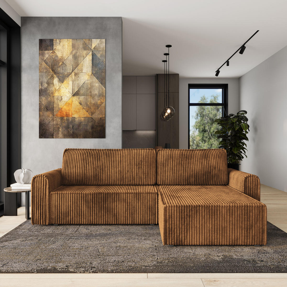 ECKSOFA VALTINO Kupferfarben Kordstoff mit Schlaffunktion - Kupferfarben, Holz (275/148cm) - MASSENO