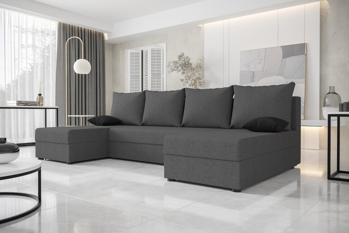WOHNLANDSCHAFT HEWLET U Sawana 05 mit Schlaffunktion - Dunkelgrau, Textil (310/80/140cm) - Bedante