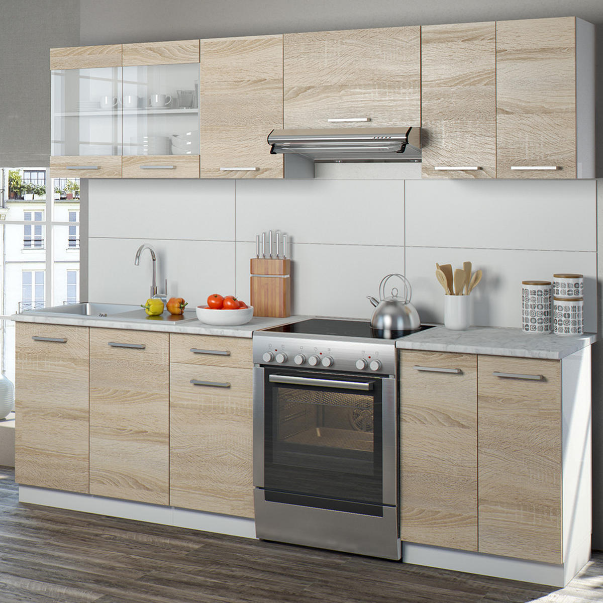 KÜCHENZEILE Raul Sonoma 240 cm, AP Marmor mit LED-Leisten - Weiß/Sonoma Eiche, Holzwerkstoff (240/81.6/60cm) - Vicco