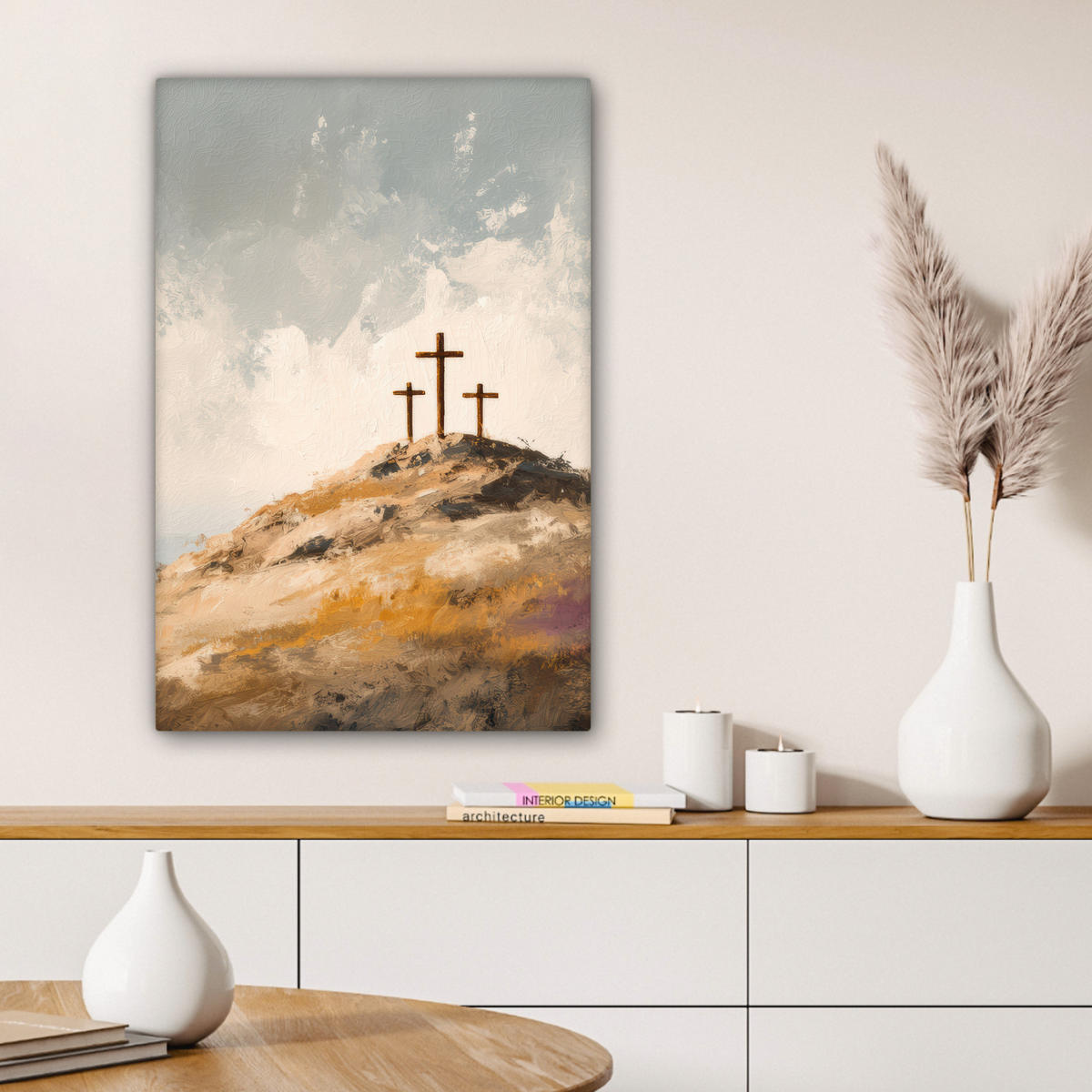 LEINWANDBILD Hügel - Abstrakt - Christentum - Kreuz Wanddeko Schlafzimmer 60x90 cm - Hellgrau, Textil (60/90cm) - MuchoWow