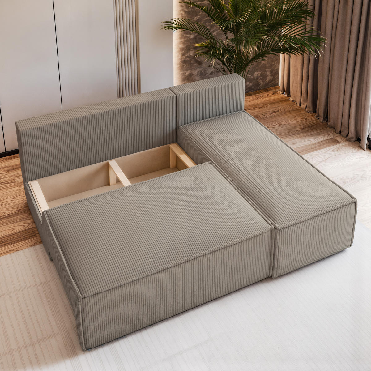 ECKSOFA BRISO P Beige Kordstoff mit Schlaffunktion - Beige, Holz (200/140cm) - MASSENO