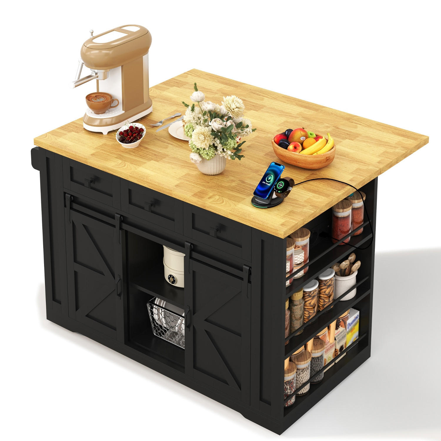 KÜCHENINSEL AUSKLAPPBARE ARBEITSPLATTE, MDF Schwarz-Natur, Esszimmer, 130/80/87 cm - Schwarz, Holzwerkstoff (80/87/130cm) - Rolipo