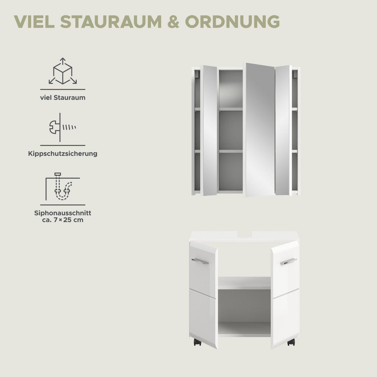 BADKOMBINATION AUF ROLLEN Ice weiß hochglanz 60/30/185 cm - Weiß, Holzwerkstoff (60/185/30cm) - Xonox