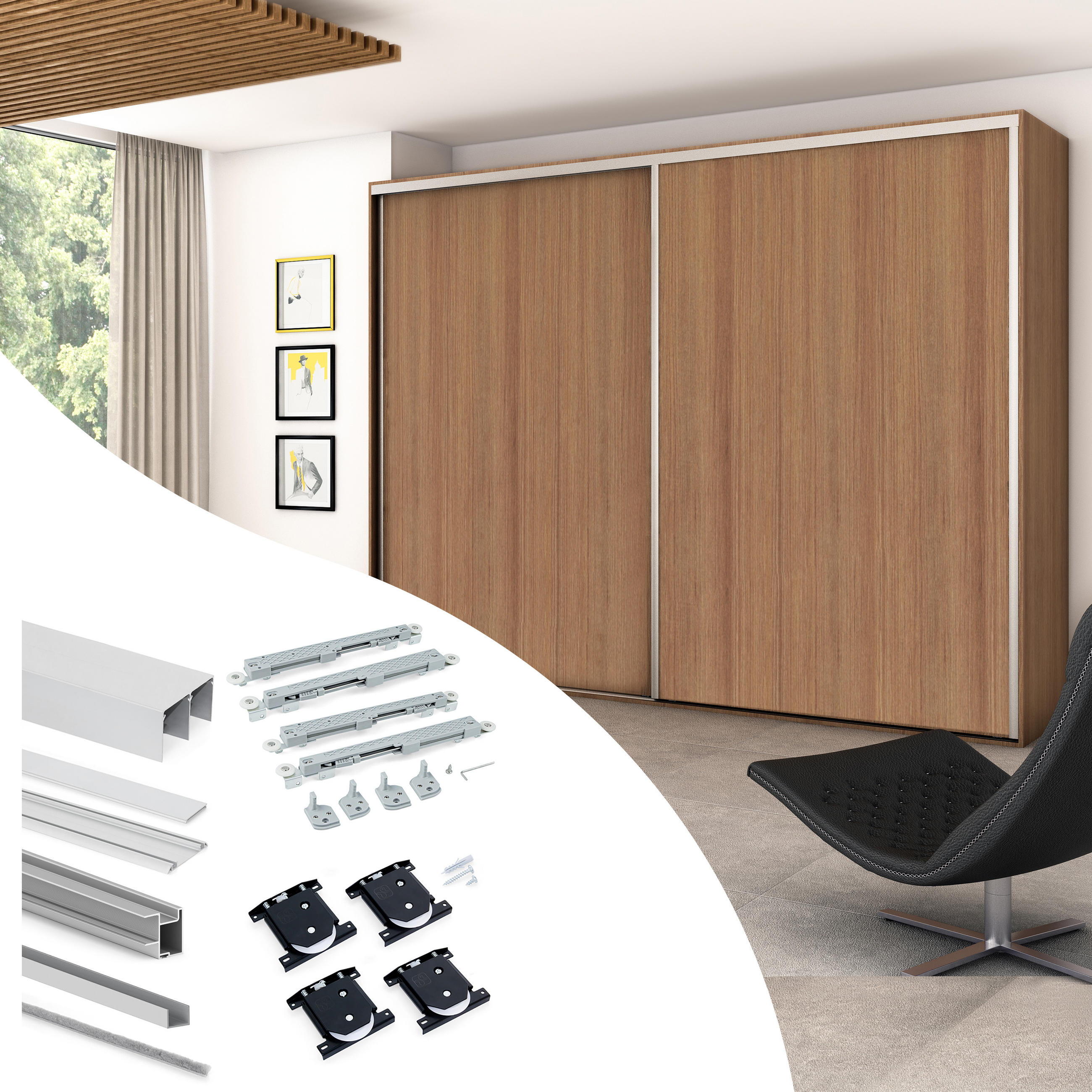 BESCHLAGSET für Placard 81 2 Schiebetüren Schrank mit sanftem Schliessen, Tiefes Profil, 18mm stark, Paneele nicht inbegriffen, Matt eloxiert - Dunkelgrau, Metall (8/6/235cm) - EMUCA