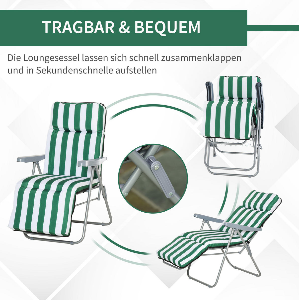 GARTENLIEGEN-SET 60/75/102 cm klappbar mit 5-fach verstellbarer Rückenlehne und Polsterung, Grün - Grün, Metall (75/102/60cm) - Redom
