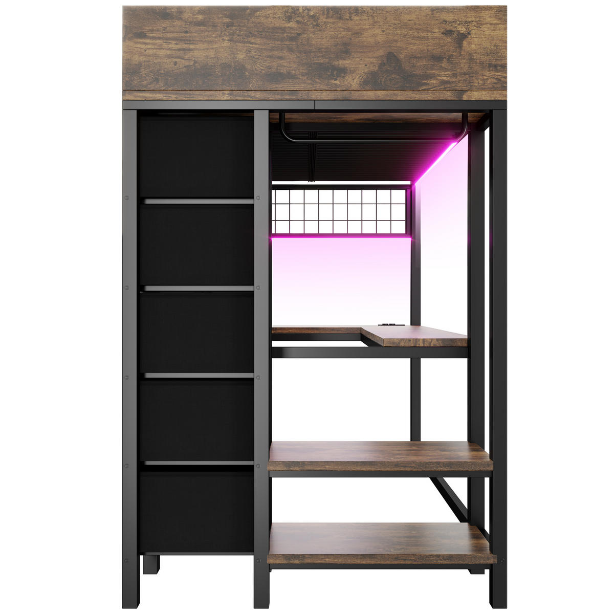 HOCHBETT 90x200cm Metall Gaming Schreibtisch LED USB Schwarz - Schwarz, Metall (90/200cm) - FLIEKS