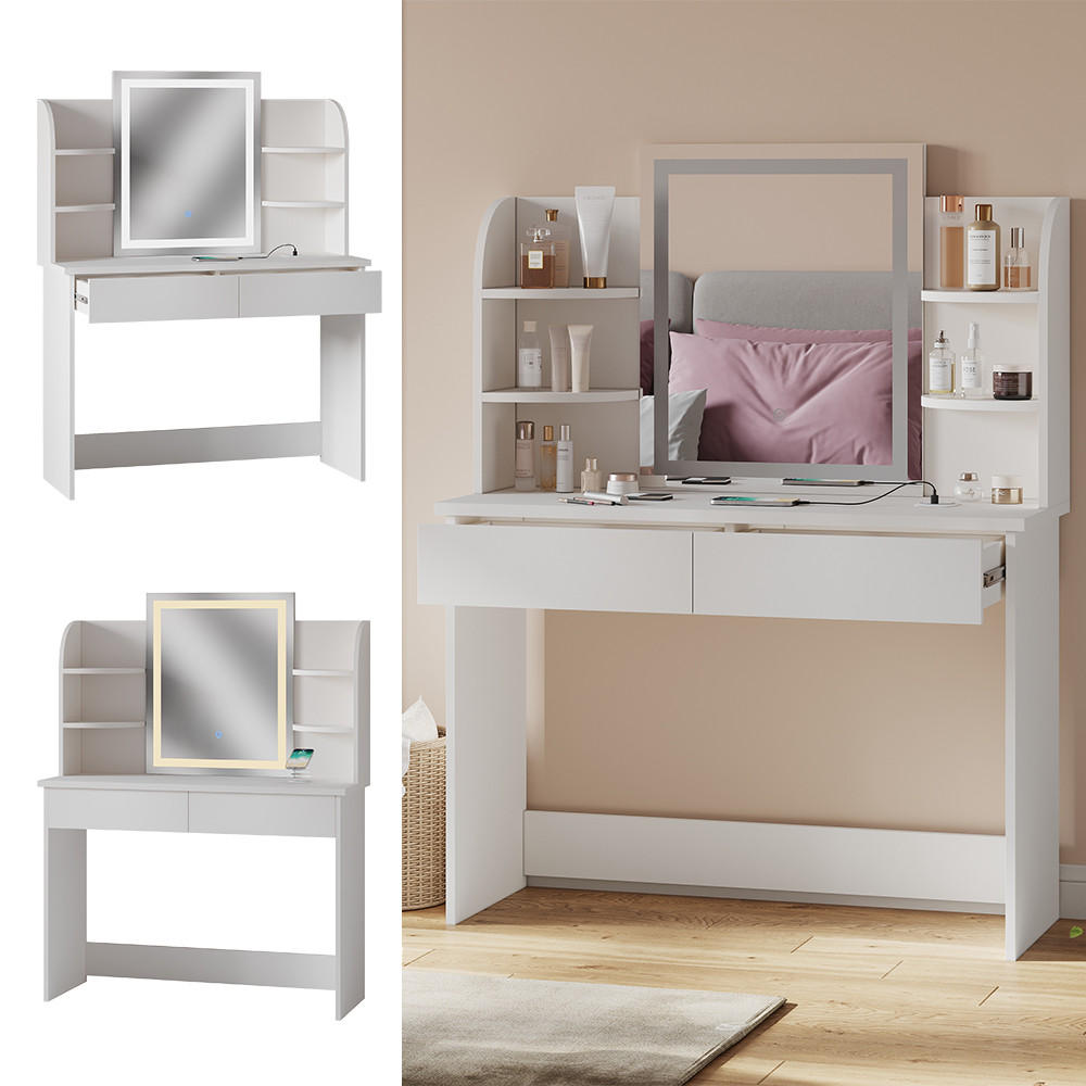 SCHMINKTISCH Charlotte Weiß 106 cm mit LED-Spiegel und QI-Ladestation - Weiß, Holzwerkstoff (106/142/40cm) - Vicco